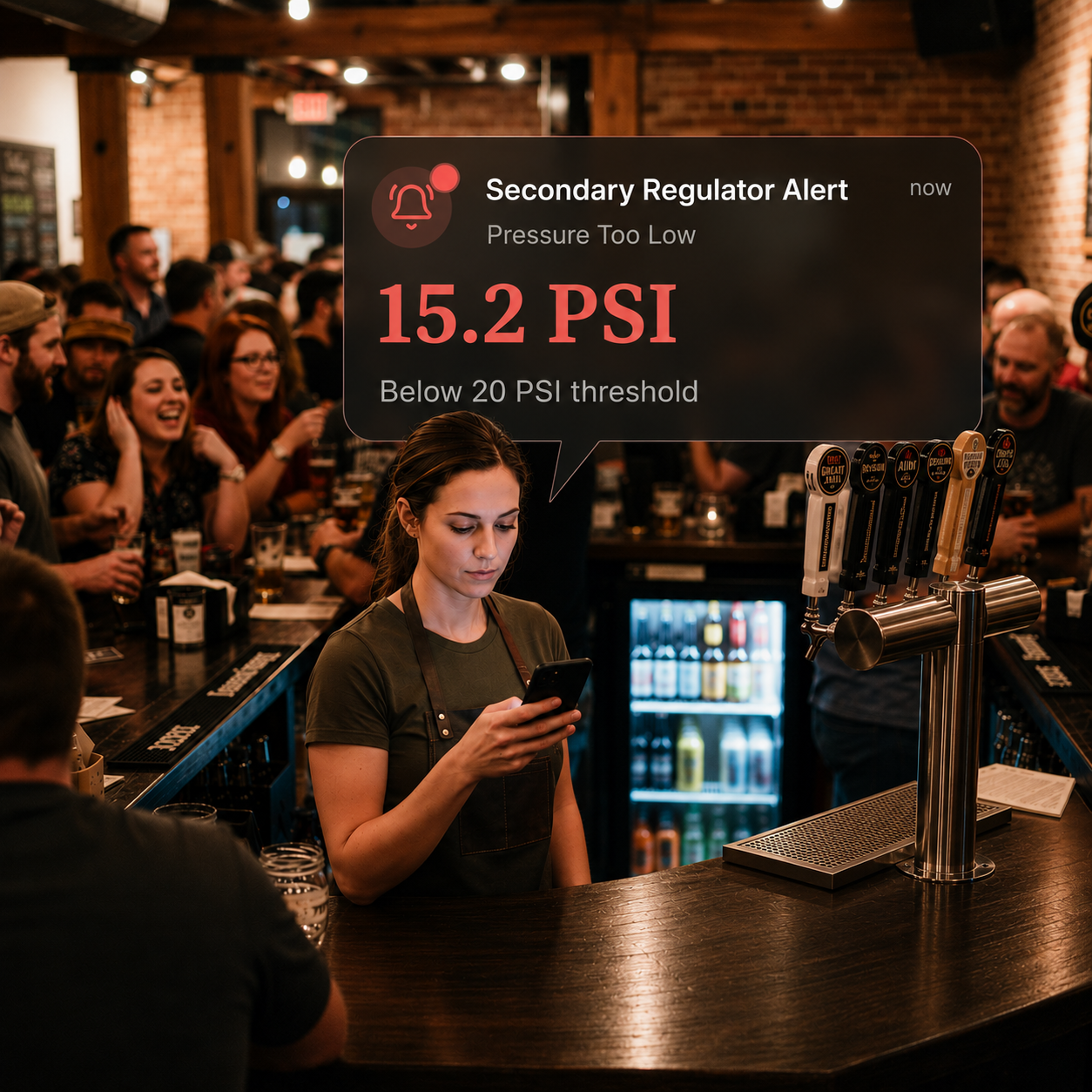 A bartender calmly checking a real-time low-pressure alert on their phone behind the bar while a busy crowd fills the taproom on a Friday night.